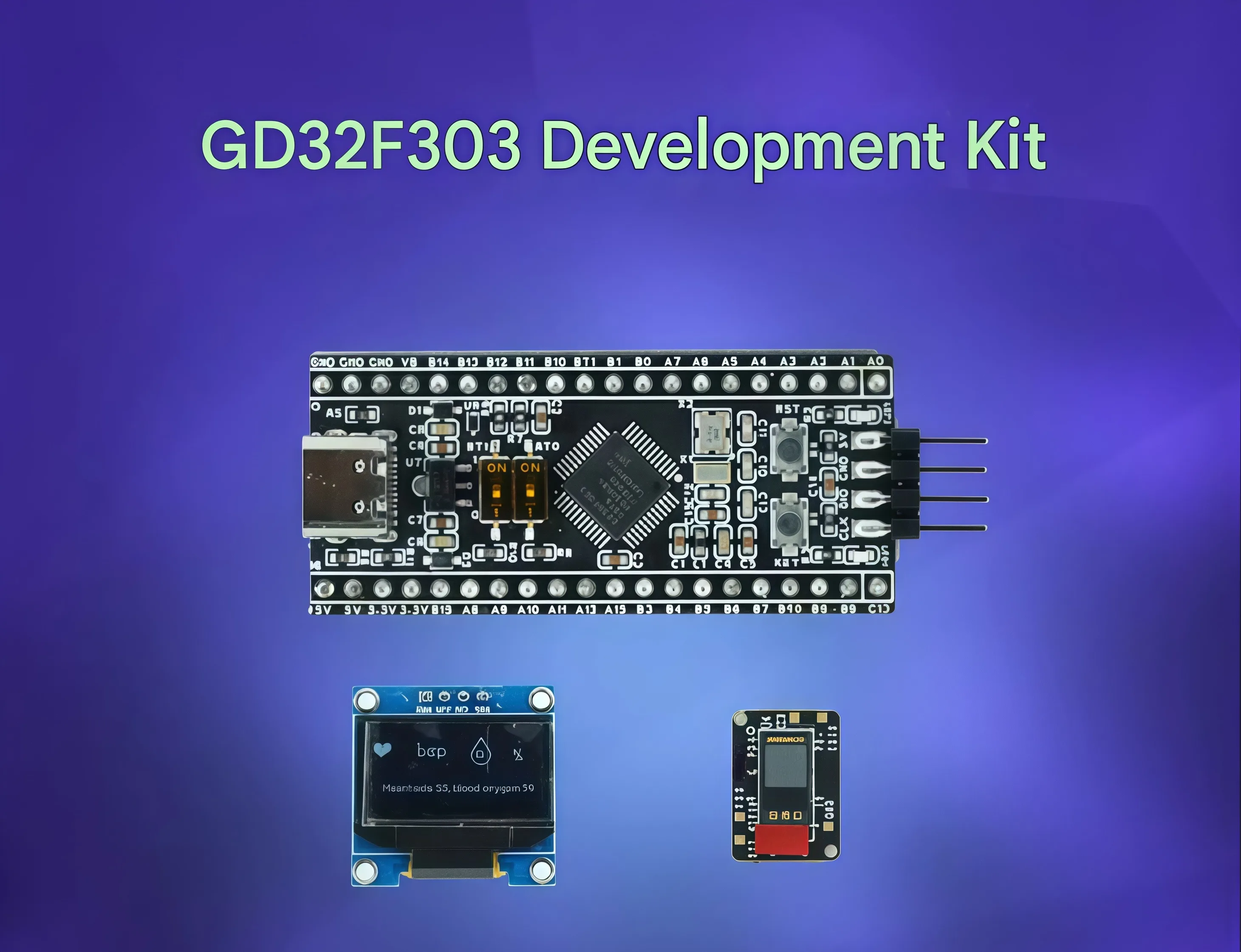 The GD32F303 development board displays pulse waveforms, heart rate, and blood oxygen saturation in real time.