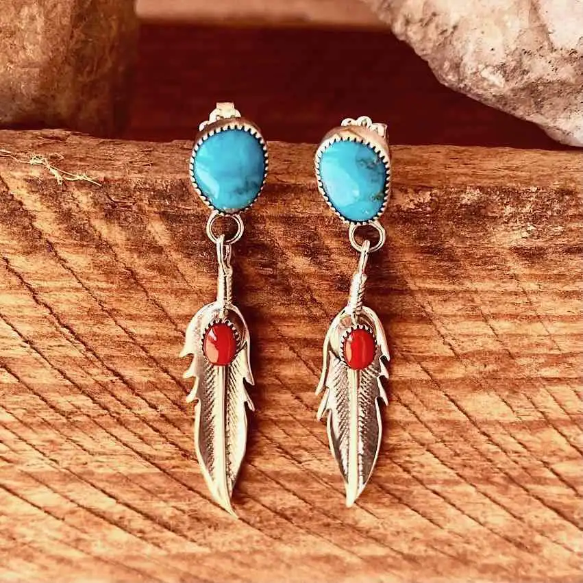 Luxury Female Green Turquoise Stone Earrings Boho Charm Long Feather Dangle Earrings For Women Silver Color Wedding Earrings