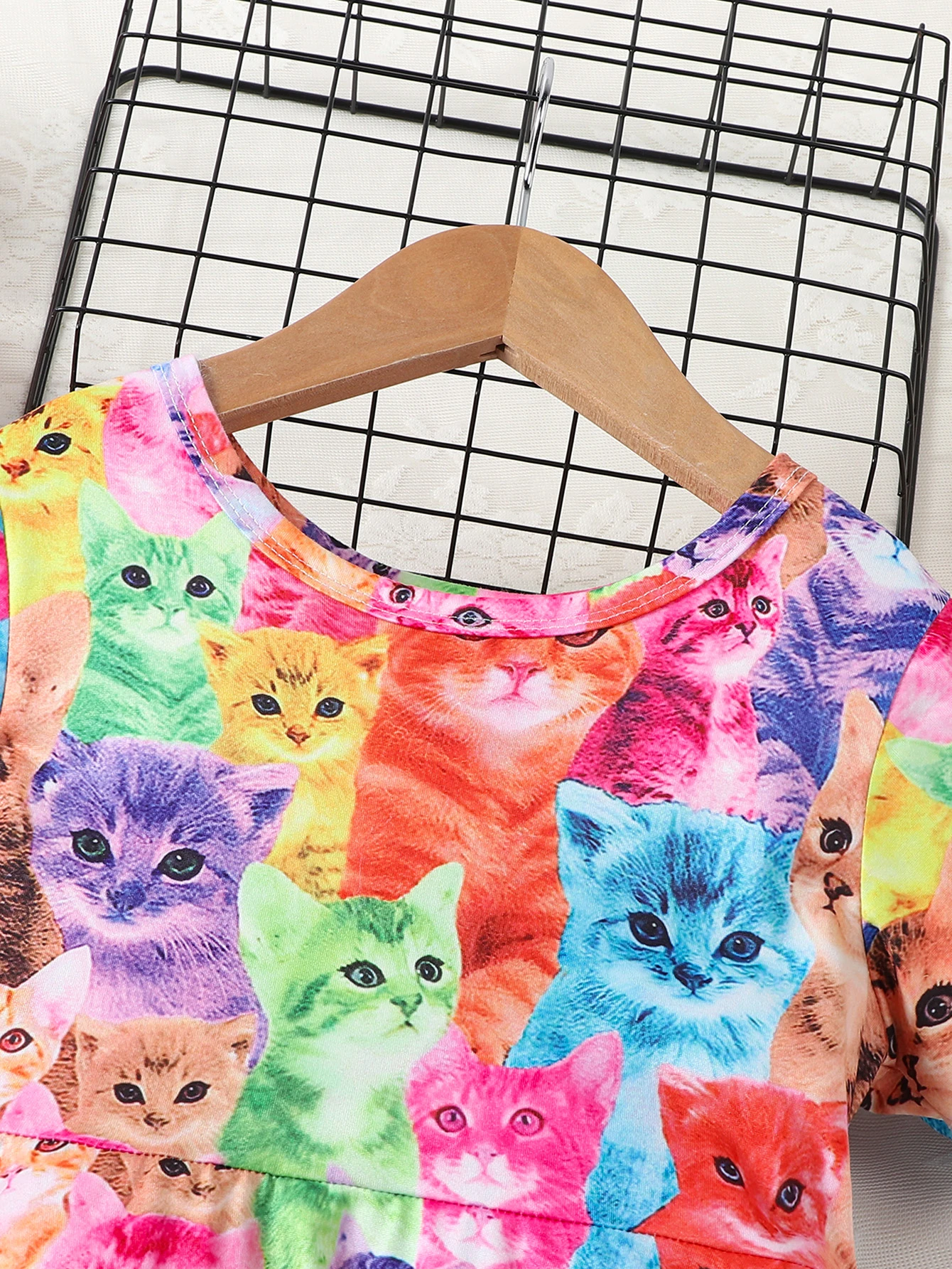 Cute and fashionable multi colored cat printed round neck short sleeved waist casual dress for girls