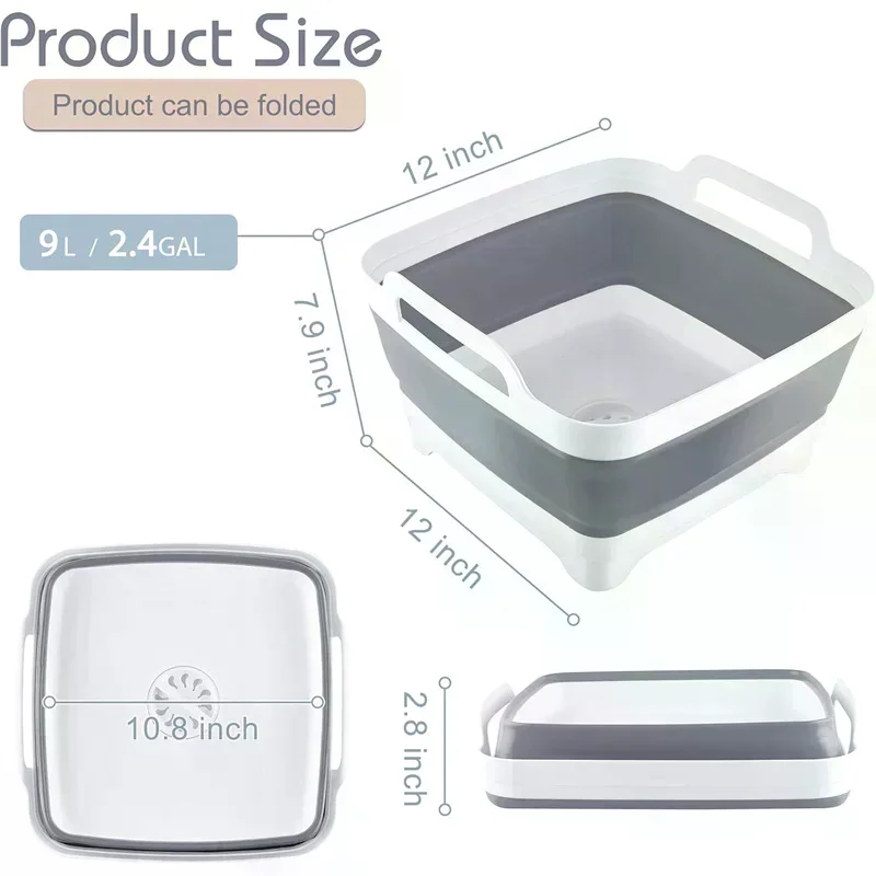 9 Liter Collapsible Plastic Vegetable Wash Basin With Drain Plug For Dish Storage, Vegetable And Fruit Washing, Chill Bucket