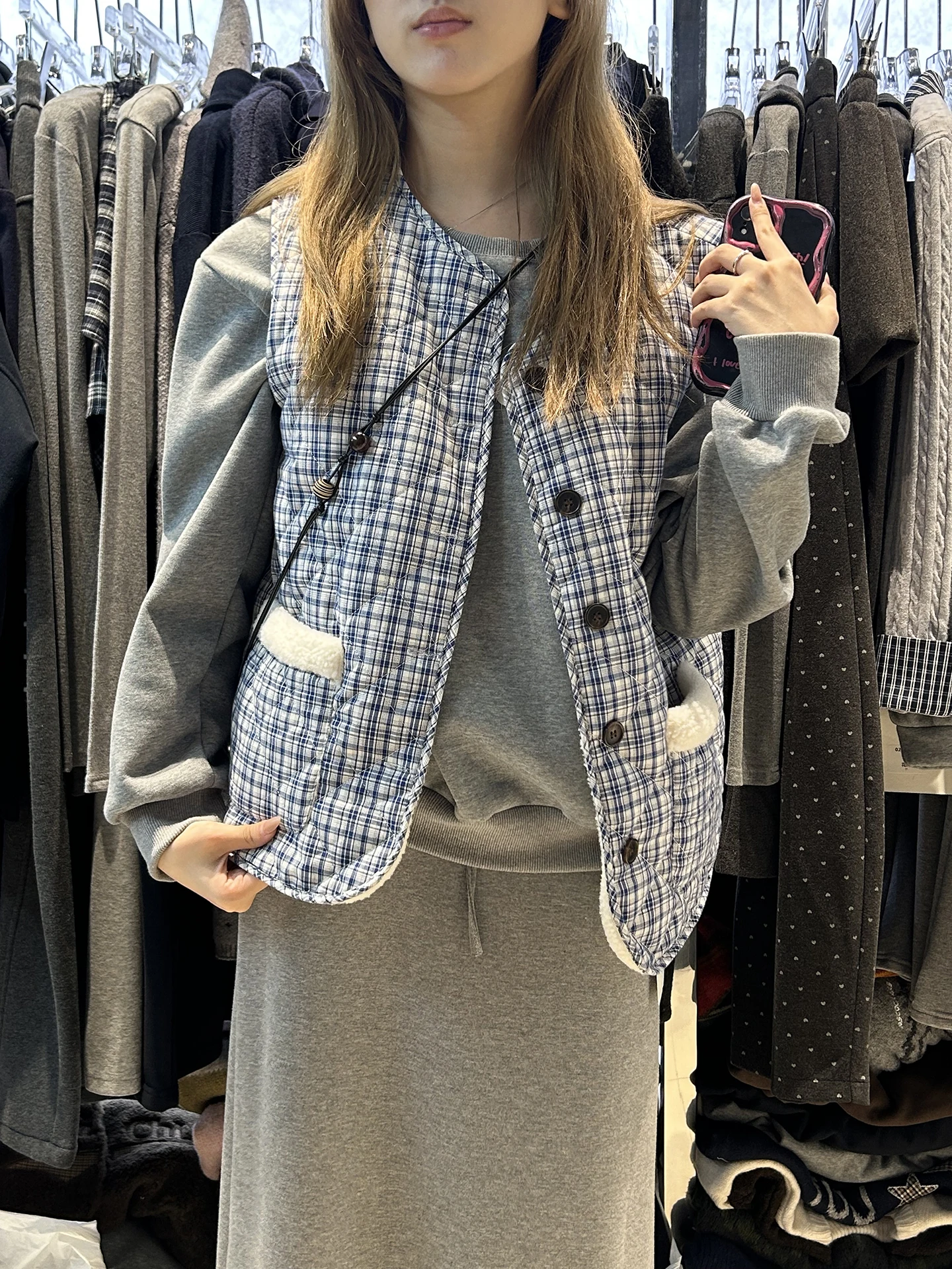 

Korean Sle Plaid Fce Lined Vest Women's Autumn Winter round Ne Single Button No Sve Warm oulder Pad Outerwear Ver...