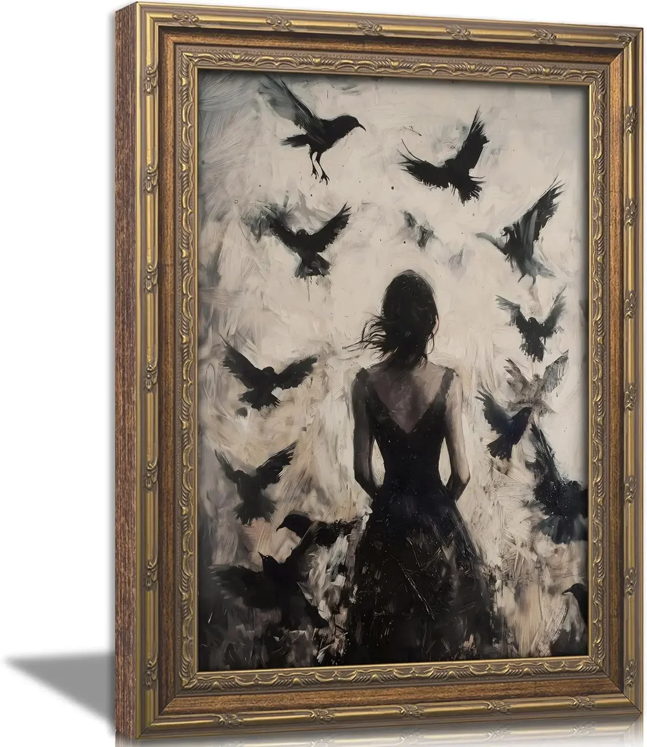 Halloween Framed Canvas Wall Art Gothic Woman with Ravens Painting Dark Academia Vintage Bedroom Living Room Wall Decor