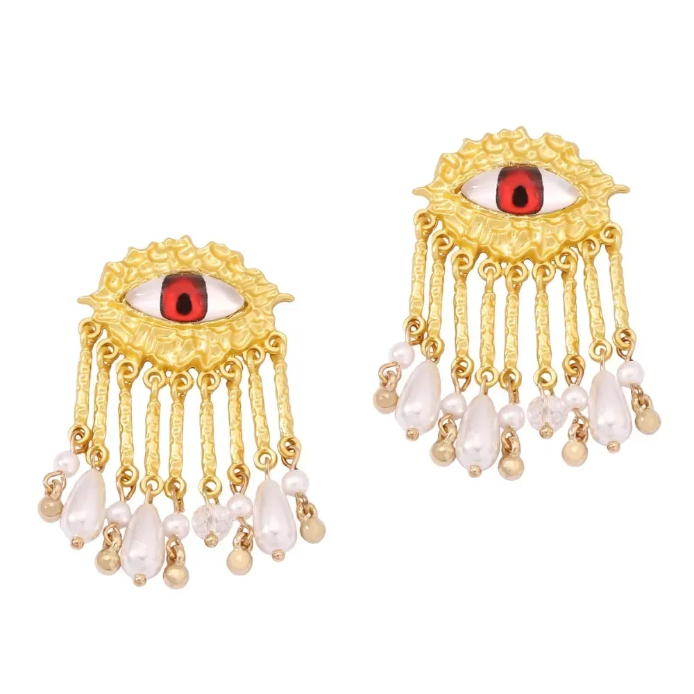 Exquisite Personality Exaggerated Devil's Eye Zircon Pearl Dangle Earrings for Women Temperament Medieval Time Jewelry Colorfast