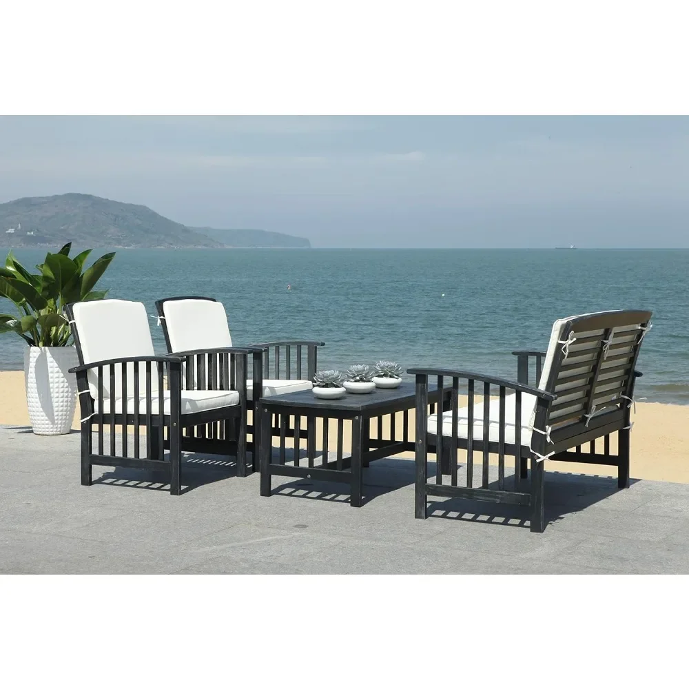 Outdoor Garden Furniture Set, Black and White Cushions, 4-Piece Conversation Patio Set, Free Shipping