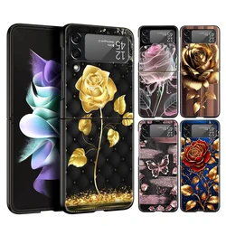Gold Rose Love Heart Hard PC Phone Case For Samsung Galaxy Z Flip 6 5 4 Black Cover For Galaxy Z Flip 3 Foldable Shockproof Case