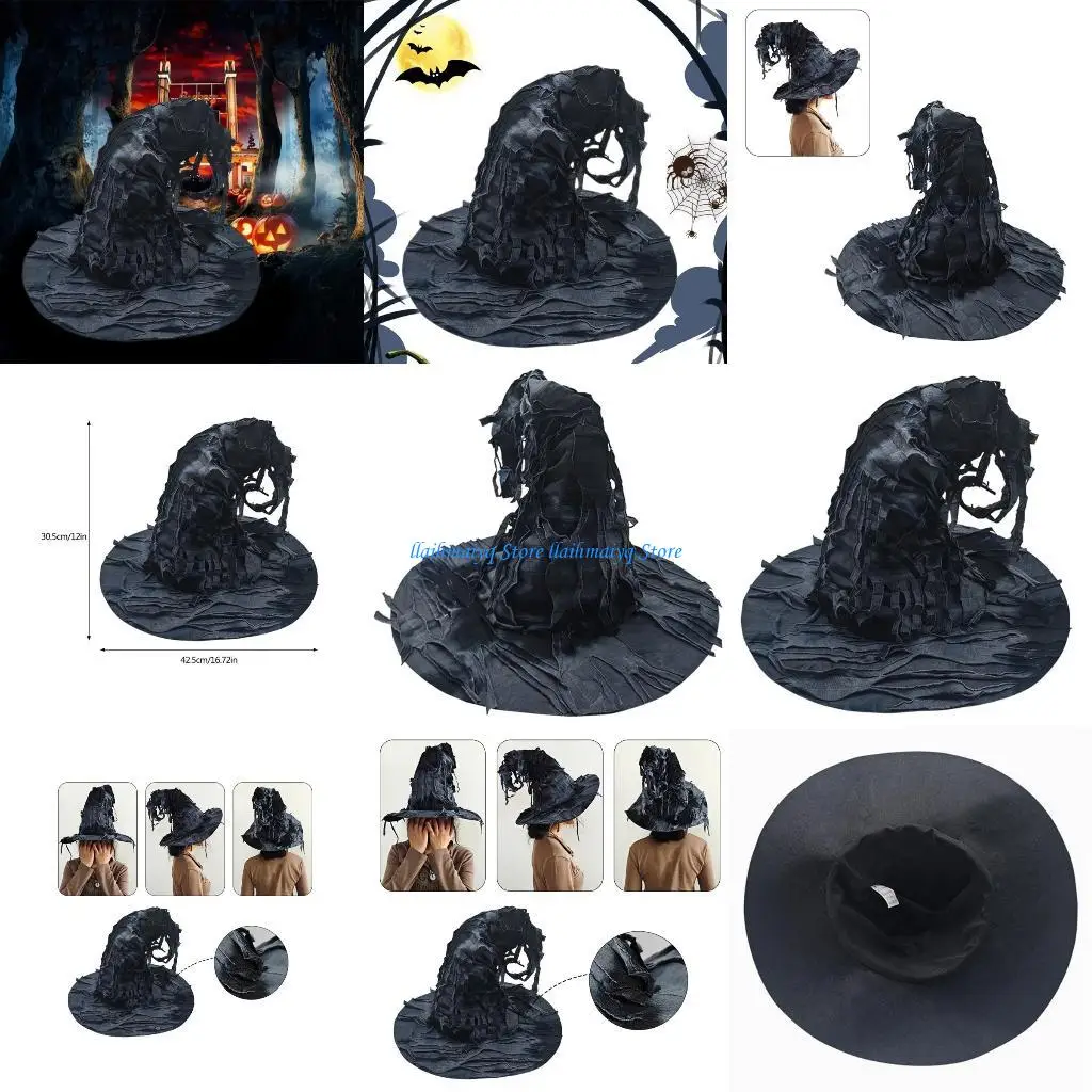 

573B Adult Witch Hat for Halloween Performances Distressed Stripe Hat for Masquerades