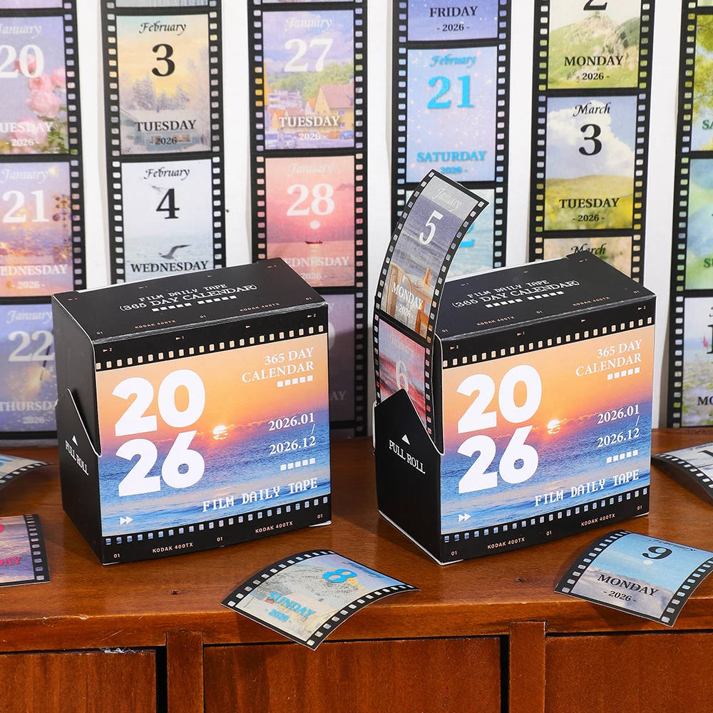 1 Roll 2026 Washi Tape Calendar Vintage Film 365-Day Pull-Out Box DIY Daily Planner Tape For Scrapbooking Journaling Office Home