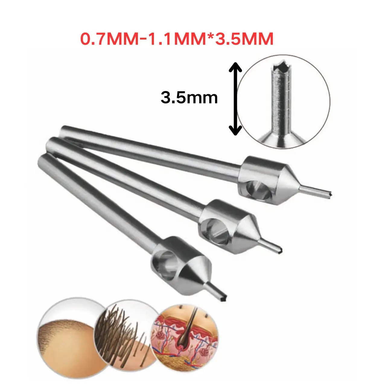 0.7-1.1MM*3.5MM 316 Stainless Steel FUE Hair Transplant Punch Tool Set Manual Precision Instruments Hair Extractor Drill
