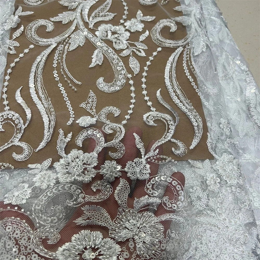 

Nigerian Sequins 2025 High-Quality Tulle Lace Fabric Embroidery African Net Cloth for Prom Dresses Beads 5 Yards DP0483