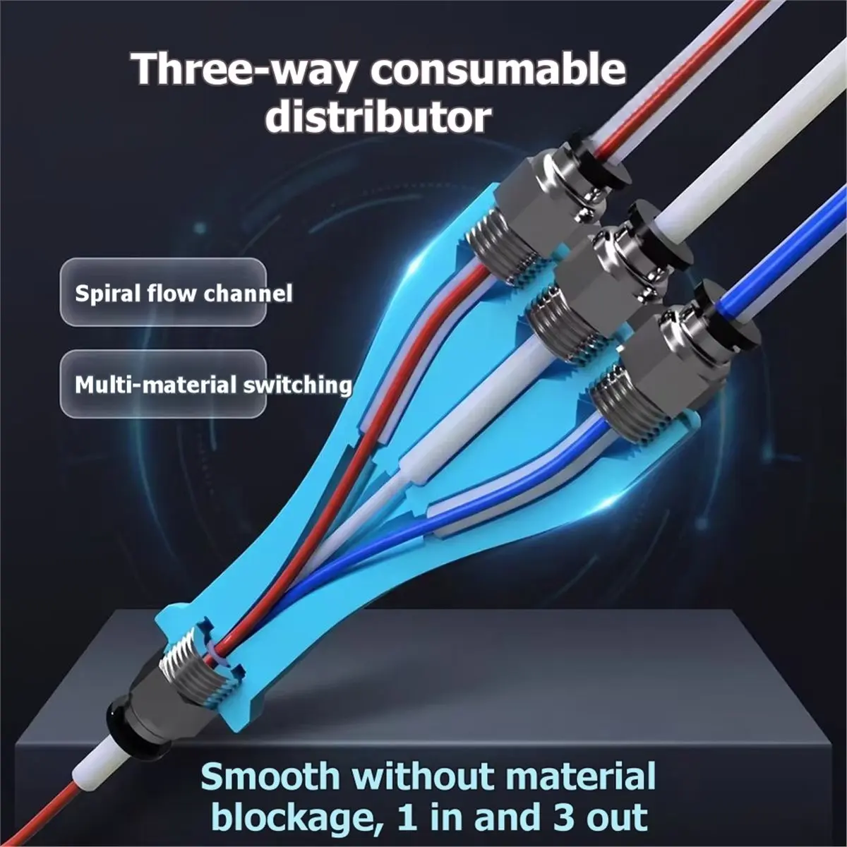 PTFE Tee Consumable Feeder Splitter with Pneumatic Quick Connector for Multiple Colors. Multi-Material Hub for