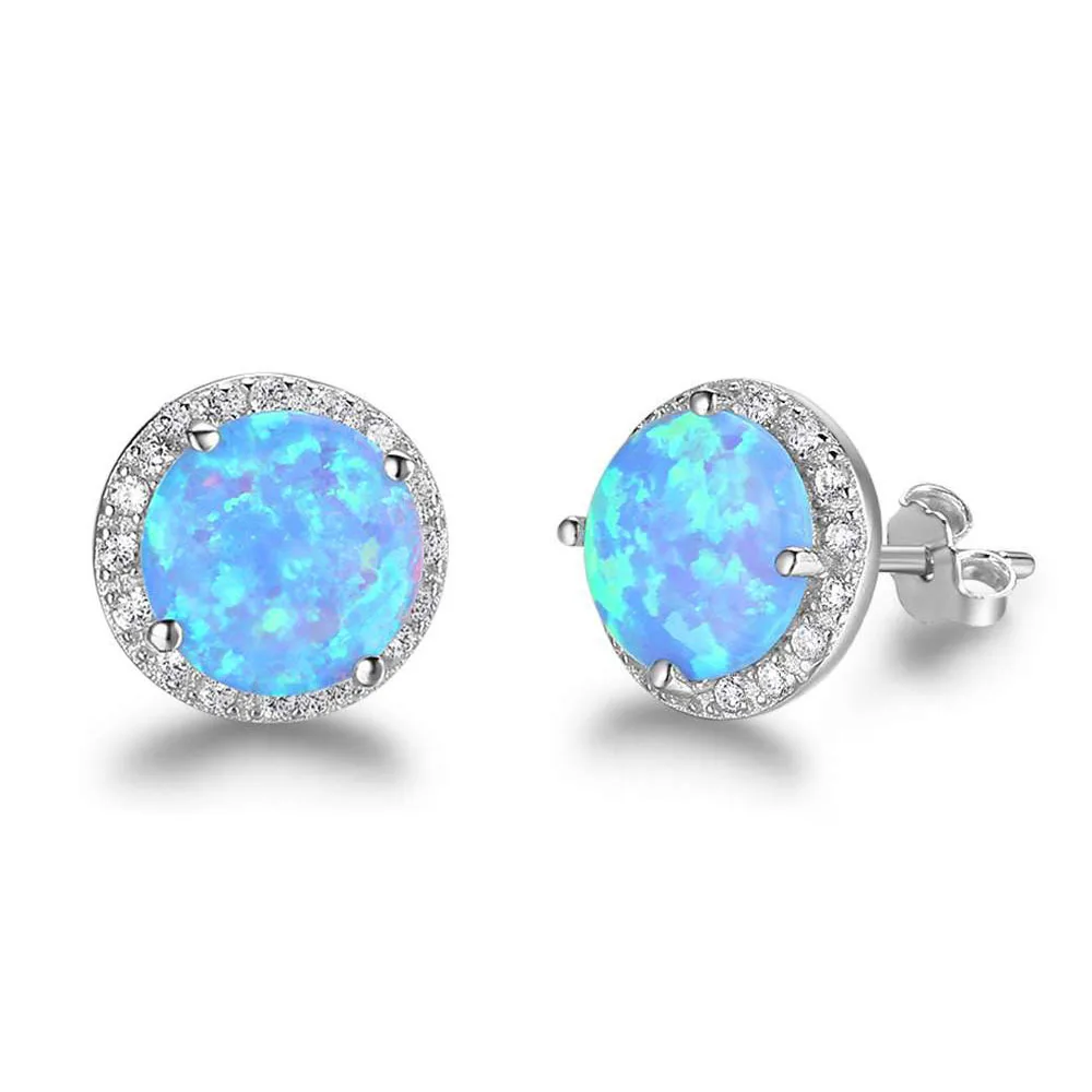 Luxury 925 Sterling Silver Round Opal Stone Jewelry set for Women Wedding Bridal Earrings Necklace cute girl Jewelry