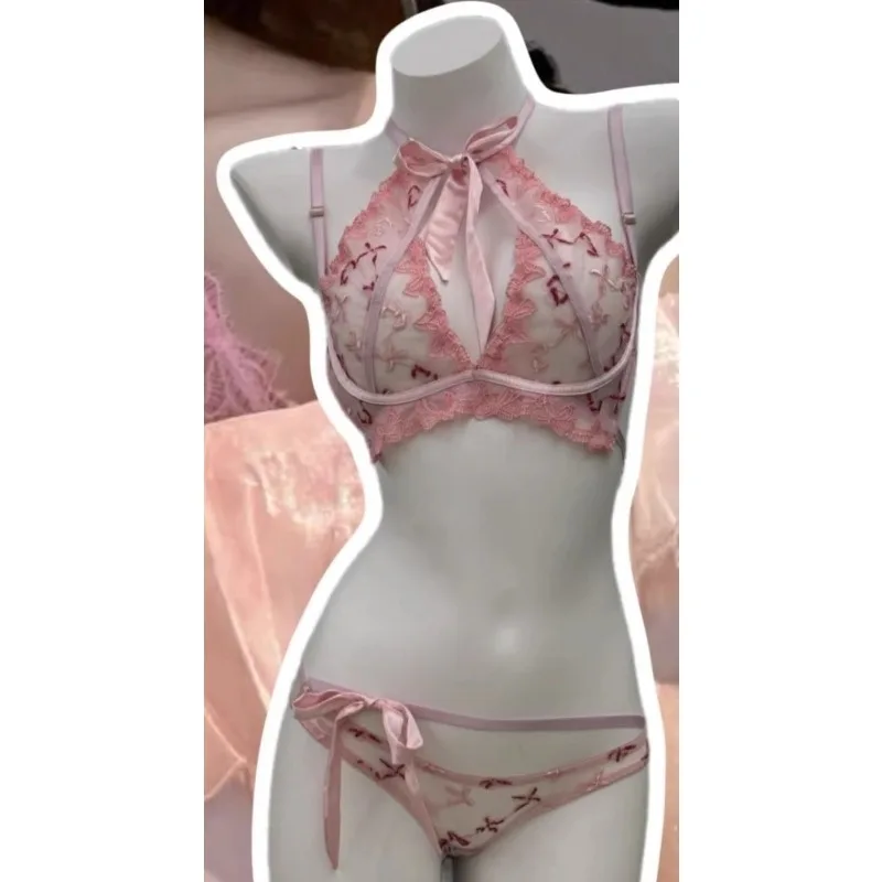 女性用刺繍リボンのボウ付きブラレット&パンティーセット、蝶モチーフのバタフライ・マンボ・ピュアデザイア・ワイヤレス・コンフォートブラ、日常使いに最適 MOYISU セクシー