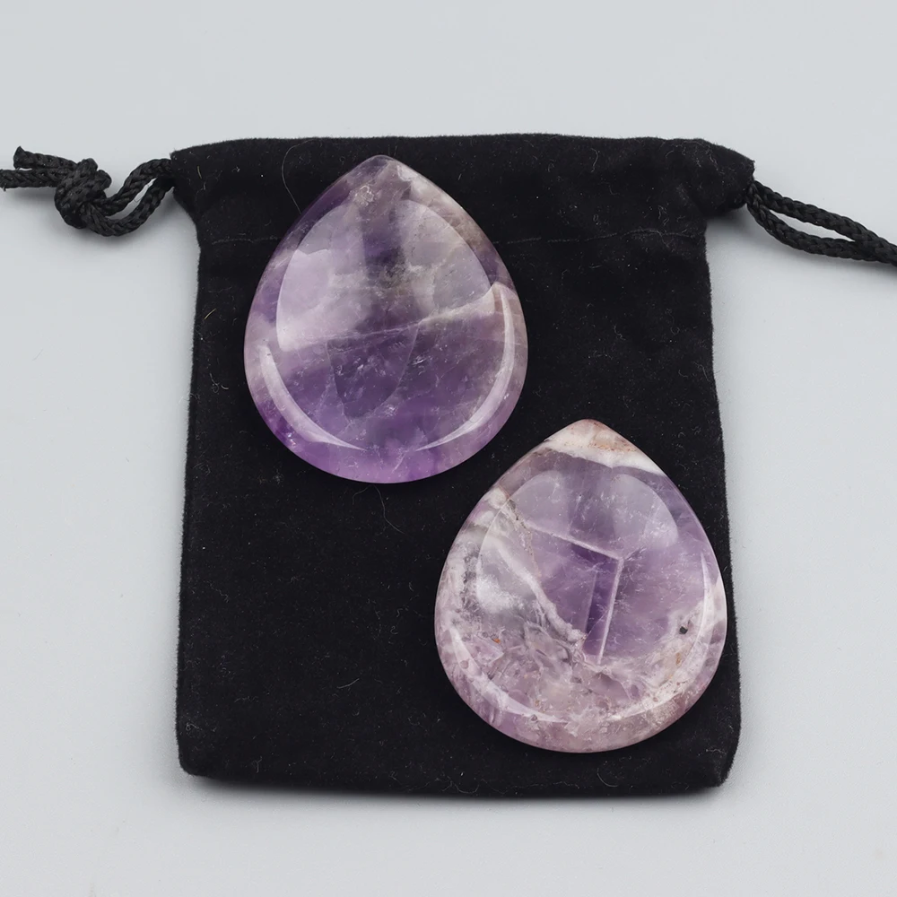2 Pcs/Packet Amethyst Rose Quartz Worry Stones Teardrop Shape Crystal Thumbstones for Meditation Natural Vitality Palm Stones