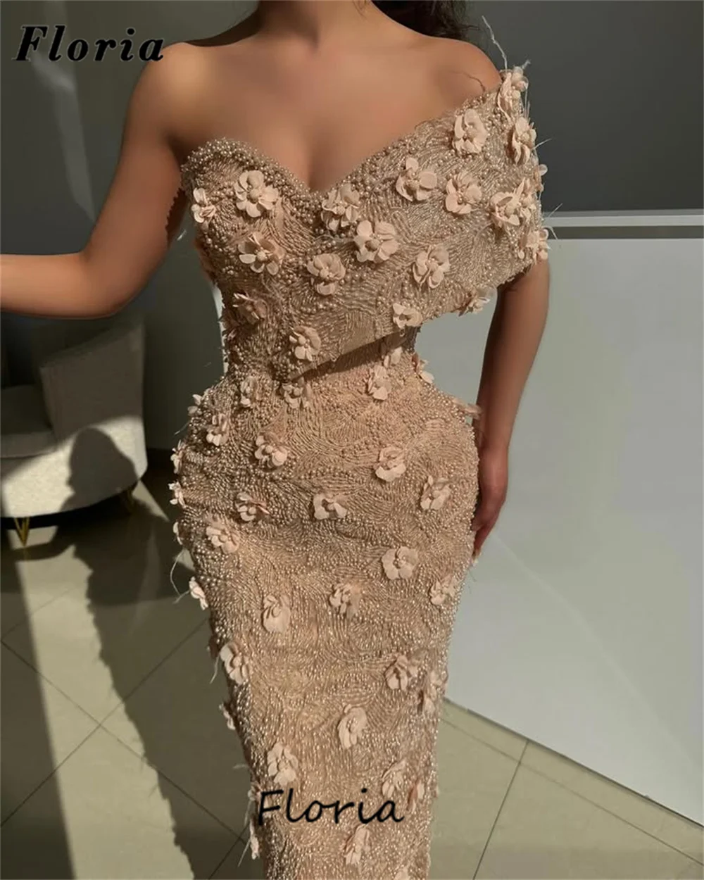 

Luxury Blush Pink Beading Flowers Evening Dresses Customized One Shoulder Mermaid Wedding Party Dress Birthday Cocktail Dresses
