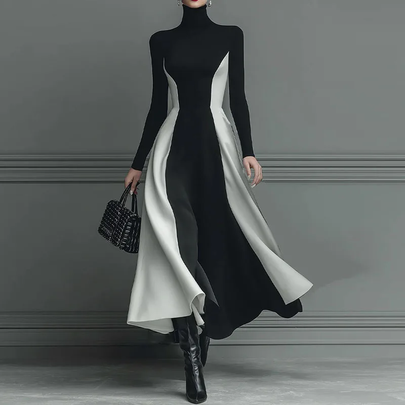 2026 Abito a trapezio a vita alta a contrasto primaverile Donna Dolcevita sexy Abiti da festa eleganti Abito Boho sottile a maniche lunghe casual autunnale