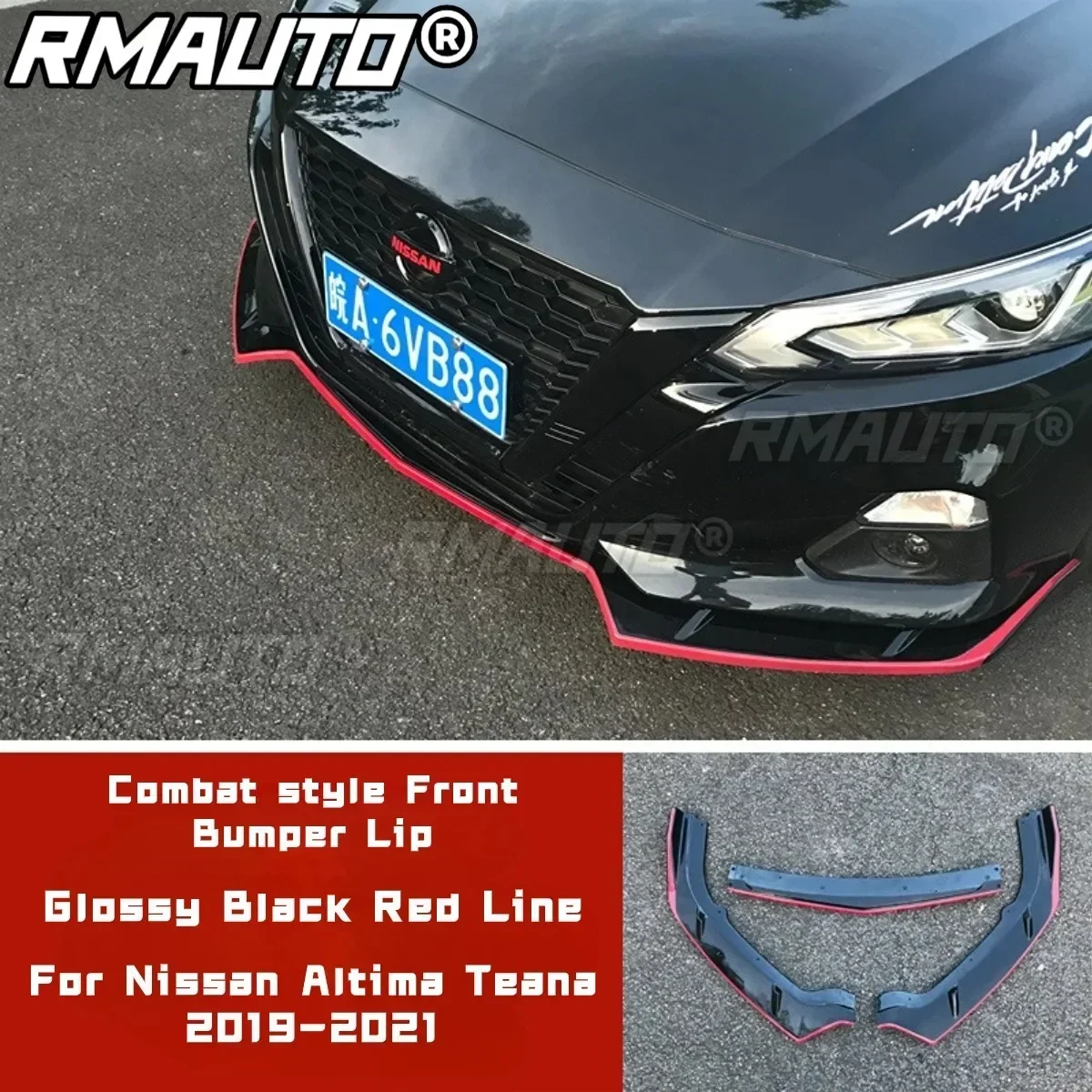 For Nissan Altima Teana 2019-2021 Body Kit Front Bumper Lip Glossy Black Red Line Combat style Bumper Diffuser Car Accessories