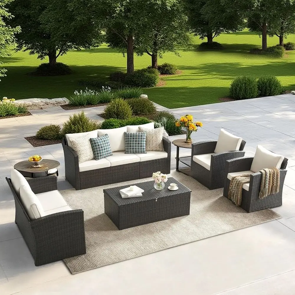 All-Weather Beige PE Rattan Patio Sectional Set with Storage Coffee Table for Outdoor, Porch, Poolside, Garden, and Backyard