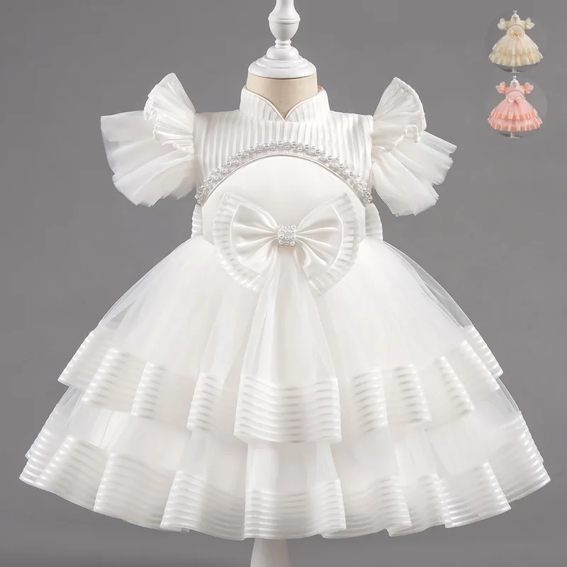 

Summer New Girls' Princess Dress with Bow and Small Fly Sleeves Cute Girls' Mesh Cake Dress Fashionable and Elegant