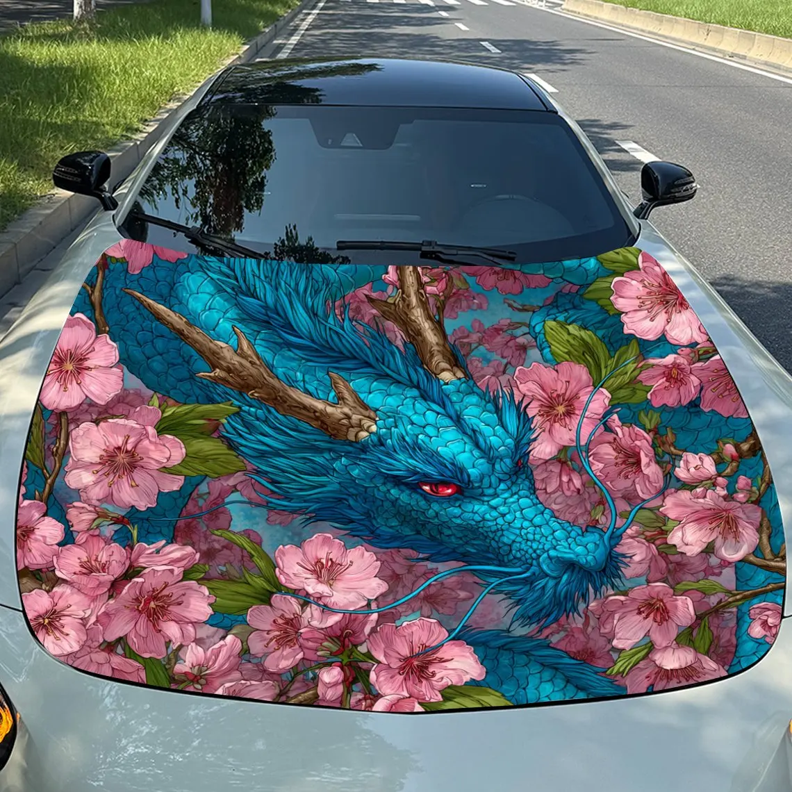 Dragon Flowers Car Hood Sticker PVC Self Waterproof Stick, Striking Auto Exterior Accessories Decor Protect Gift for Car Lover