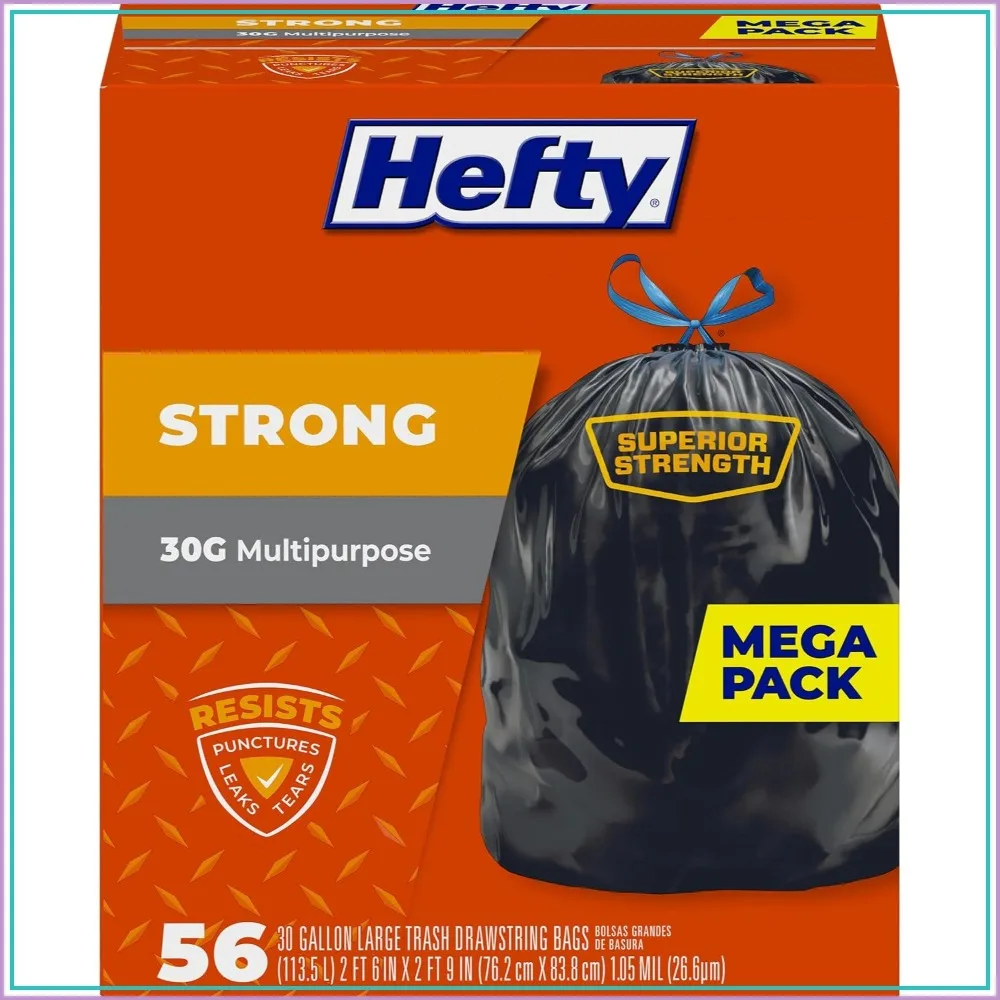 30 Gallon Trash Bags, Large Garbage Bags with Drawstring, Puncture Resistant, Black, Unscented, 56 Count