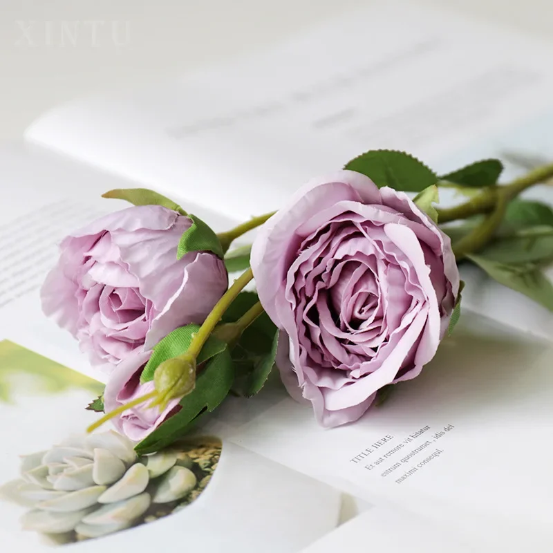 Seda rosa simulação flor, três cabeças, ramo curto, decoração de casa, decoração do casamento, adereços de fotografia, atacado