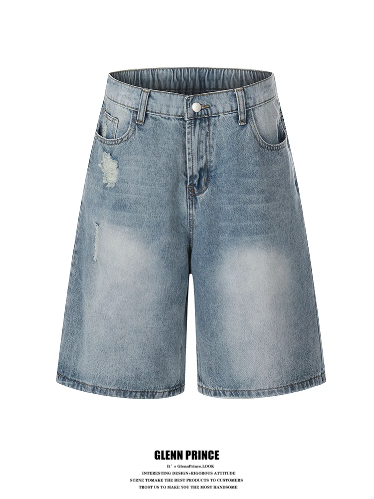 

American Style Men's Distressed Denim Shorts Summer Versatile Straight Leg Five-pocket Pants High Waist Cotton Polyester Blend