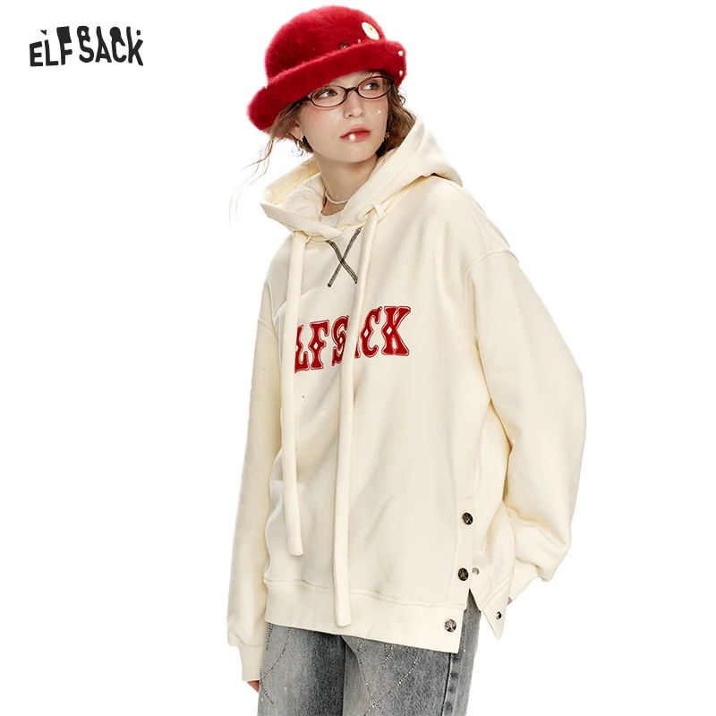 ELFSACK 2024 Winter New Arrivals Casual Red Letter Slit Plush Hoodie for Women Christmas