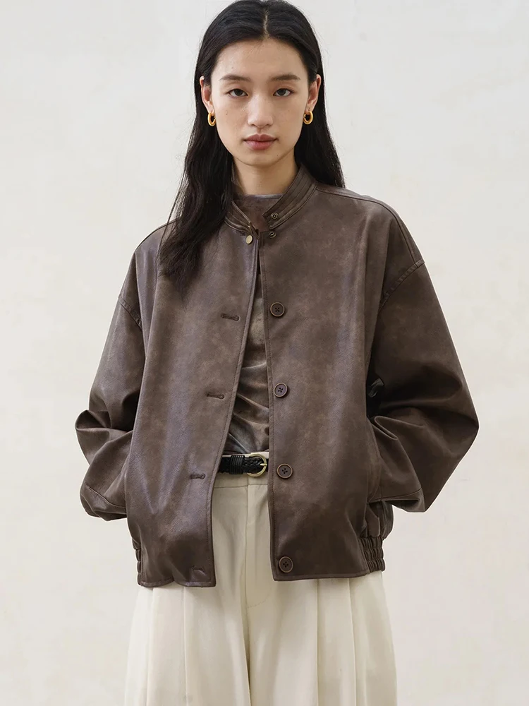 

Vintage Pu Leather Jacket Women Y2K Autumn Loose Streetwear Thick Stand Collar Coat Fashion Single Breasted All Match Outwear
