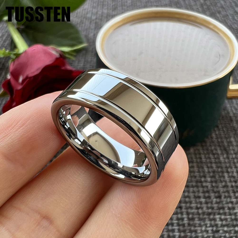 Dropshipping TUSSTEN  8MM Men Women Tungsten Engagement Ring  Band Grooved Polished Finish Trendy Gift Jewelry