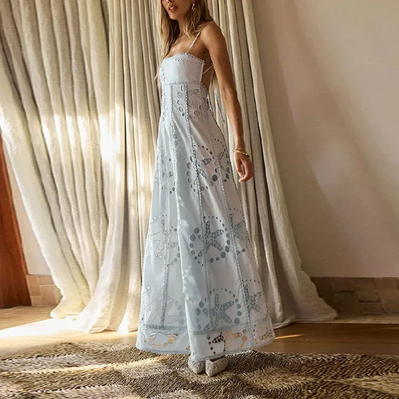 2025 New Vintage White Jacquard Crochet Lace Long Dress Summer Fashion Hollow Out Commute Dresses Woman Elegant Sling Boho Dress