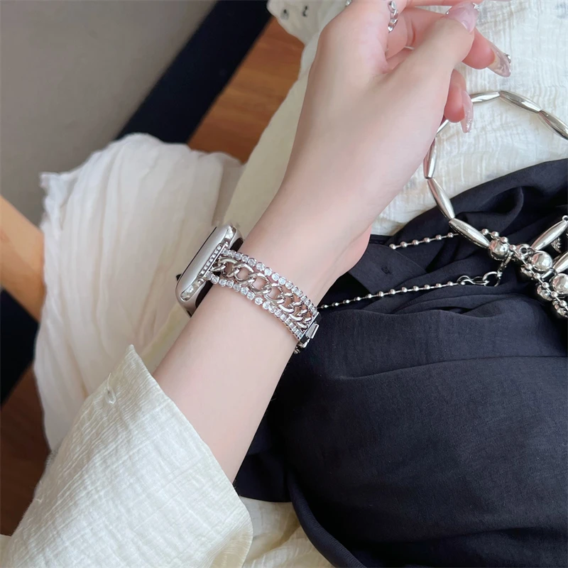 Luxury Glitter Drill Metal Strap For Apple Watch Band Ultra 2 49mm 45/44mm 42 38 40 41mm Woman Wrist Chain iwatch 9 8 7 6 SE 5 4