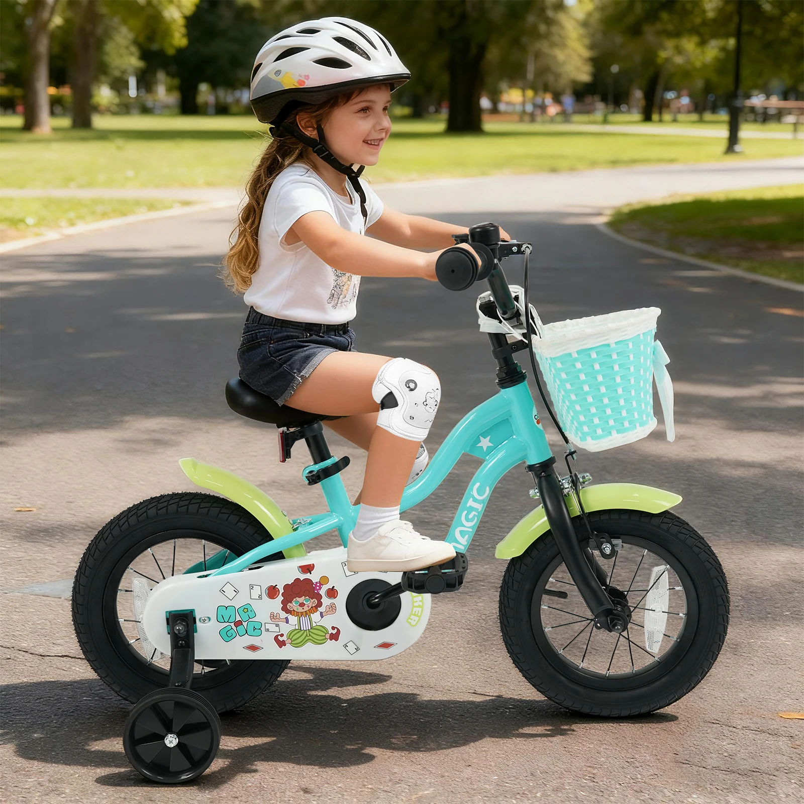 

Детский велосипед 12/14/16 дюймов с тренировочными колесами и корзиной, зеленый цвет-12