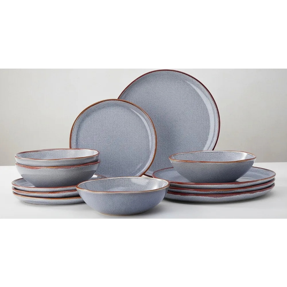 

12-Piece Reactive Blue Ceramic Dinnerware Set, Chip Resistant Plates & Bowls, Dishwasher/Microwave Safe, Service for 4