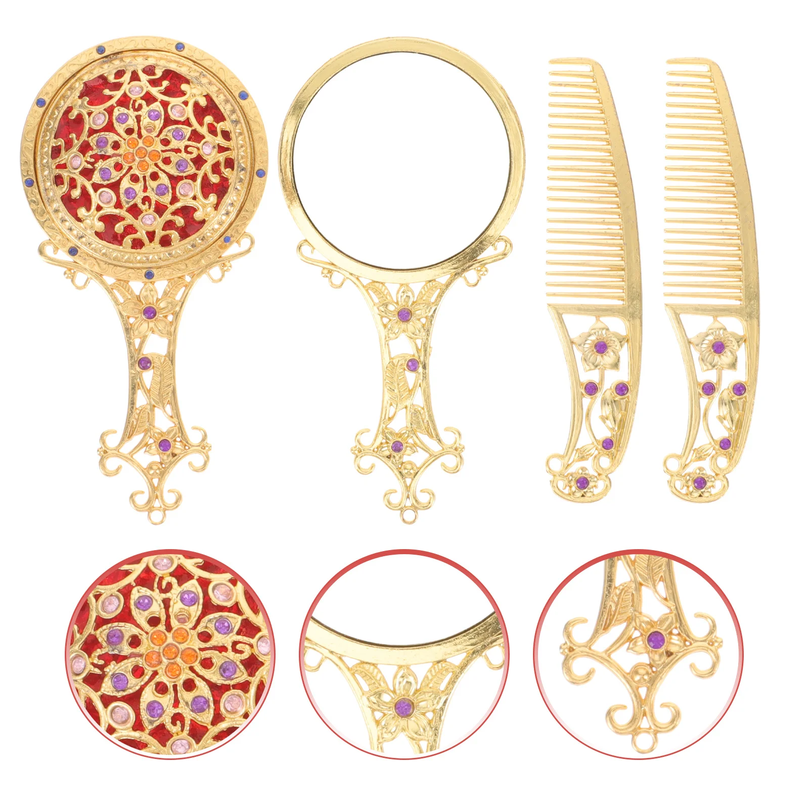 

1Set Vintage Hand Mirror Comb Set Compact Mirror Decorative Pattern Makeup Tool for Outdoor Office Travel