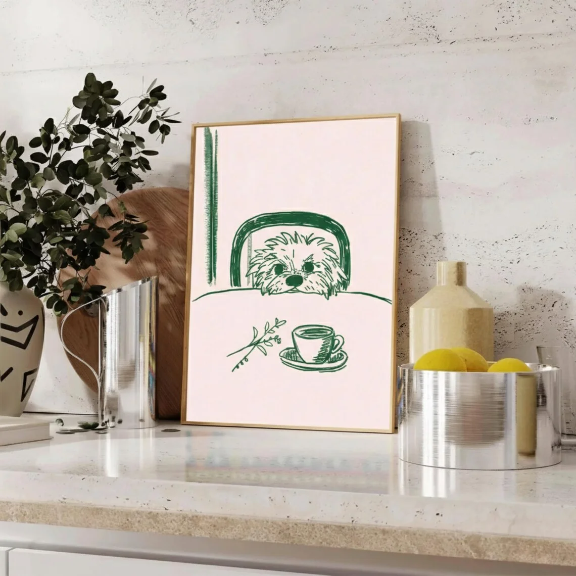 Sneaky Dog Kitchen Print Abstract Coffee Wall Art Funny Dinner Decor Modern Animal Puppy Sketch Breakfast Poster Digital Downloa