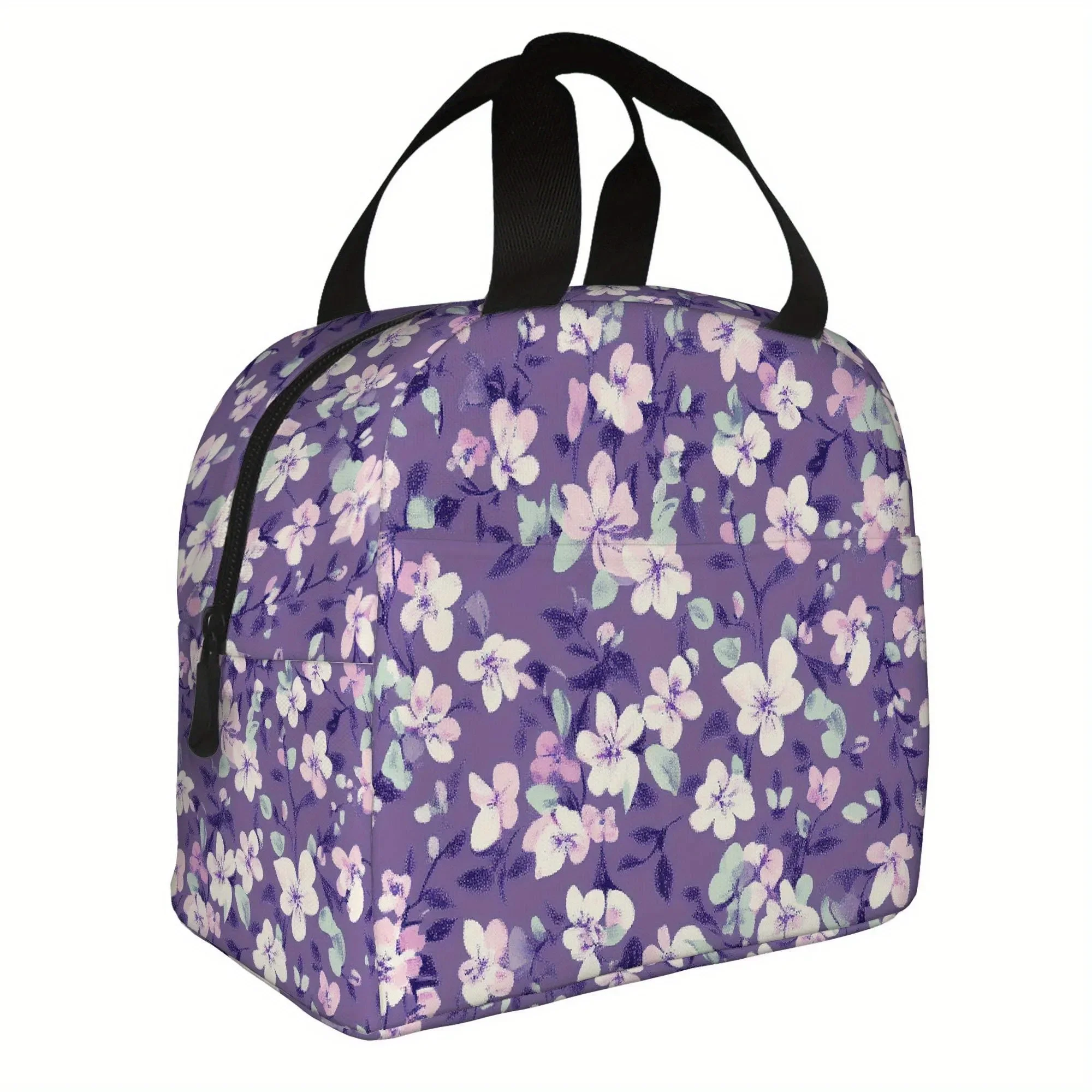 Floral Purple Print Thermal Lunch Bag Insulated Reusable Cooler Tote Handbag for Office School Picnic Travel Unisex