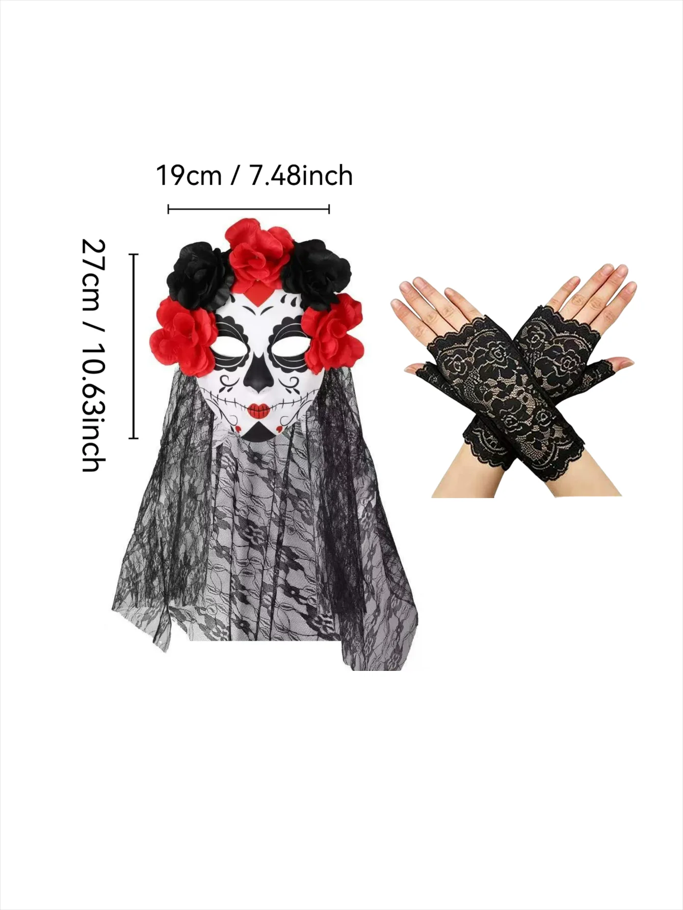 Halloween Day of The Dead Mask Veil Flower Lace Gloves Sugar Skull Cosplay Accessory Set view 5