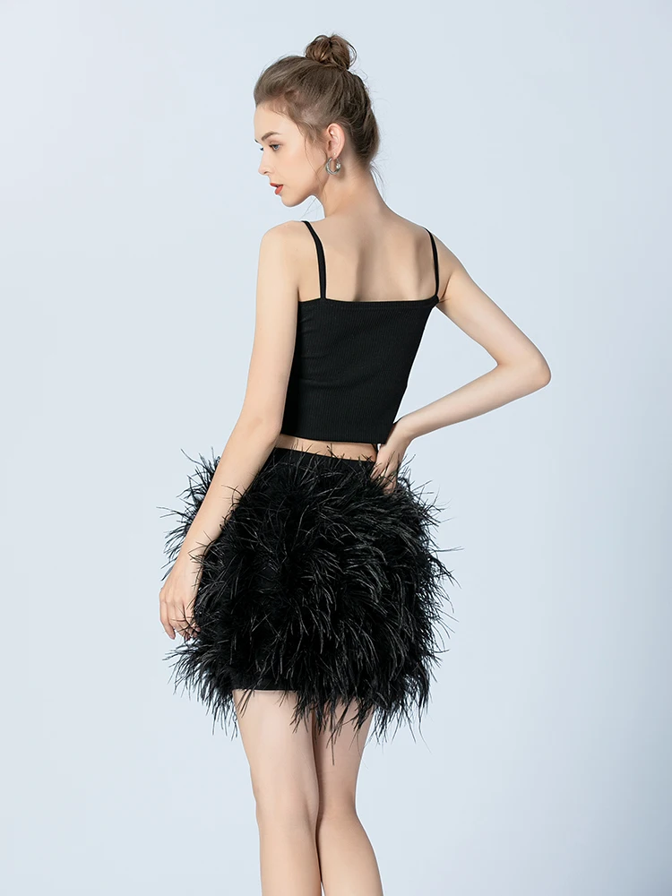 Rok Mini Rok Bulu Musim Semi Musim Panas Wanita Rok Bodycon Hitam Seksi Mode Burung Unta Asli Rok Pendek Slim Fit Produk Baru