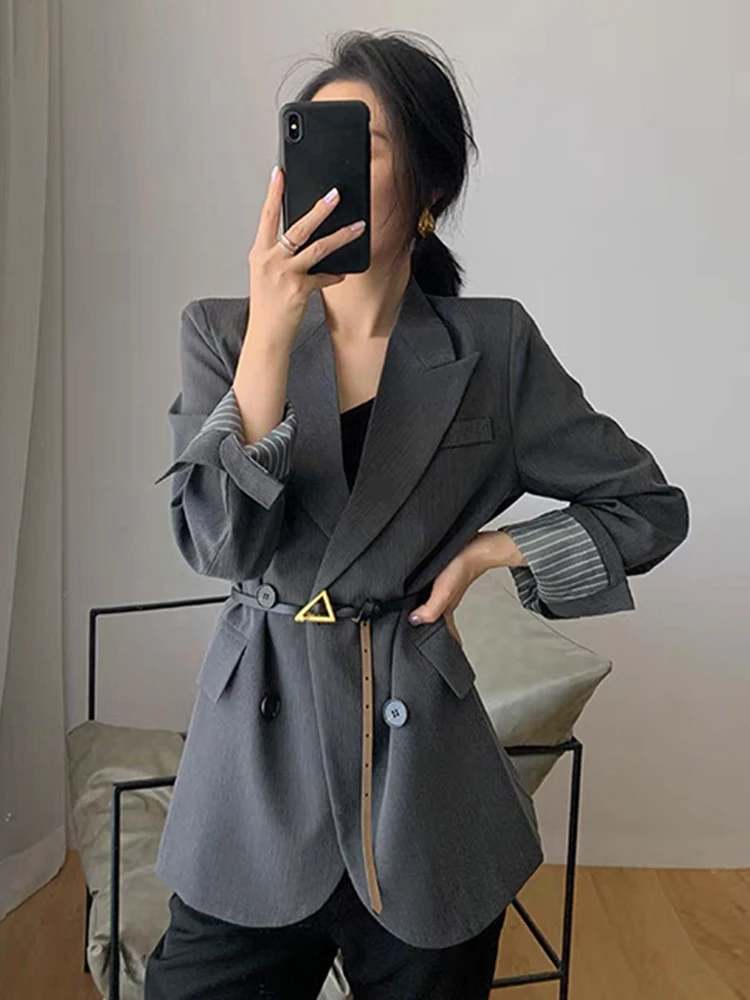 LANMREM Fashion Blazer For Women Notched Long Sleeves Double Breasted Solid Color Lining Design Coat 2024 New Clothing 2Z1332