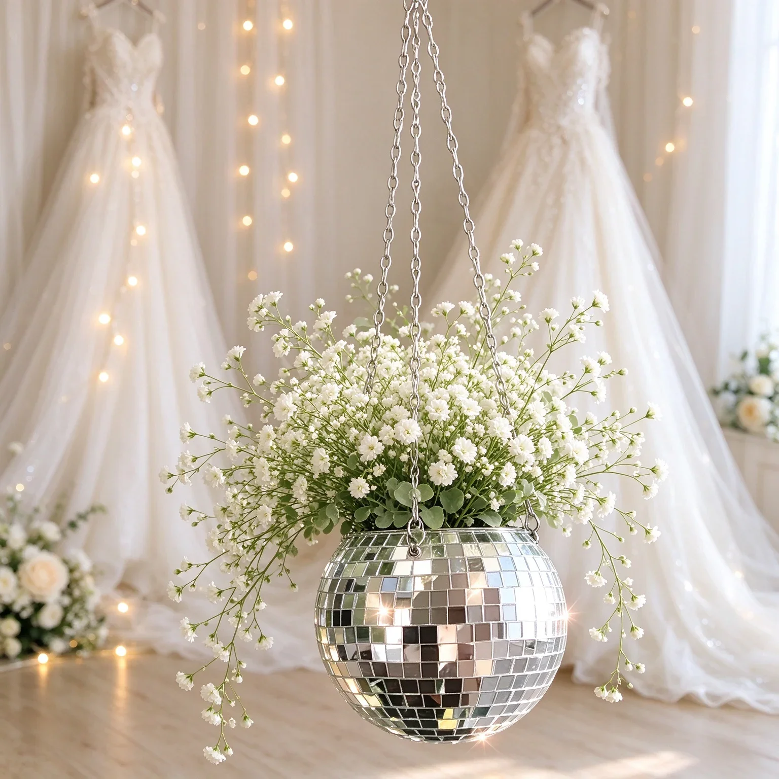 Disco Ball Planter with Chain, Hanging Mirror Flower Pot for Cactus Succulents, Boho Room Decor, Unique Cute Gift for Her