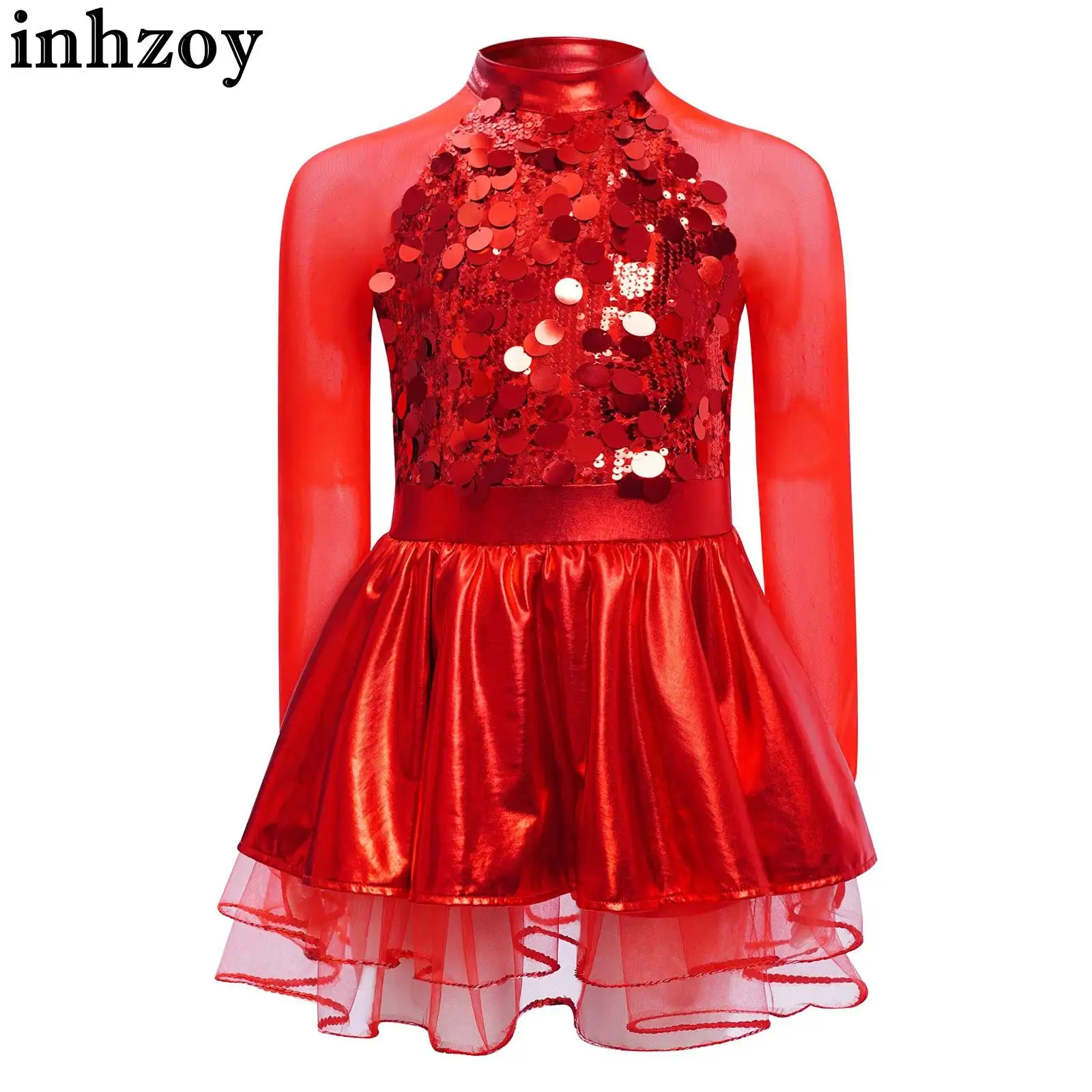Kids Girls Ballet Tutu Dress Jazz Dance Performance Costume Sheer Mesh Long Sleeve Metallic Sequins Leotard Dresses Dancewear