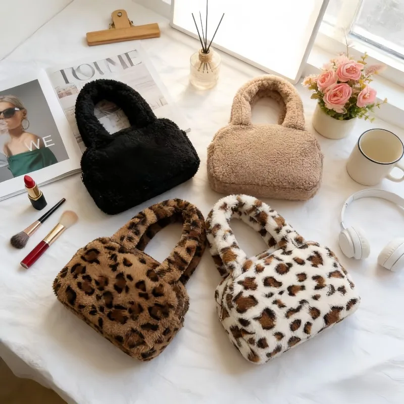 Y2K Korean Retro Leopard Print Plush Tote Bag Trendy Mini Handbag Purse Lipstick Key Shopping Storage Bag for Women