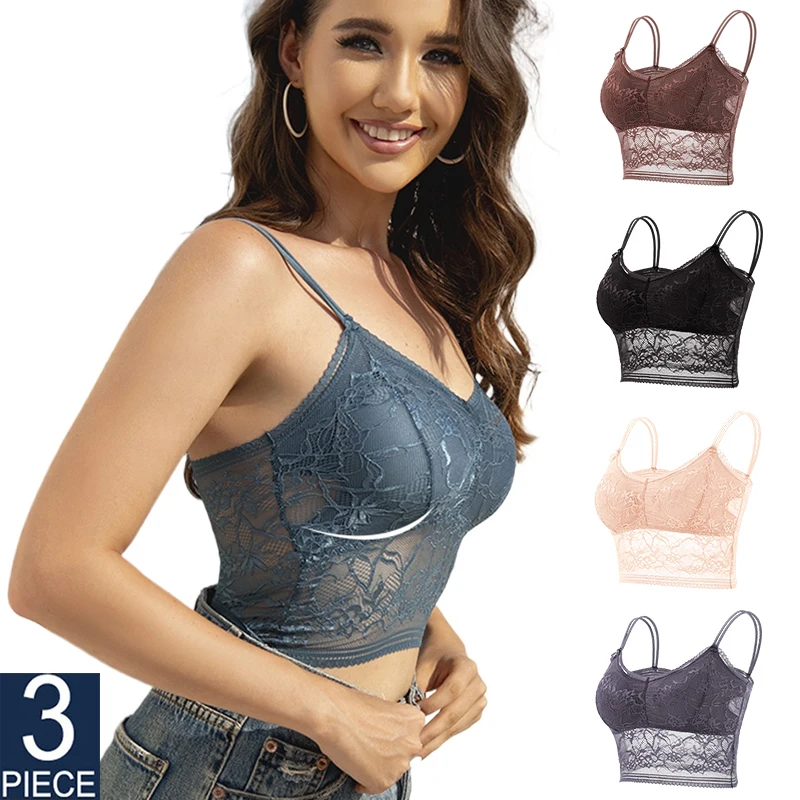 

3PCS Sexy Women Lace Bras Top Comfortable Bralette Solid Color Underwear Vest Female Hollow Out Wireless Lingerie Seamless Bra