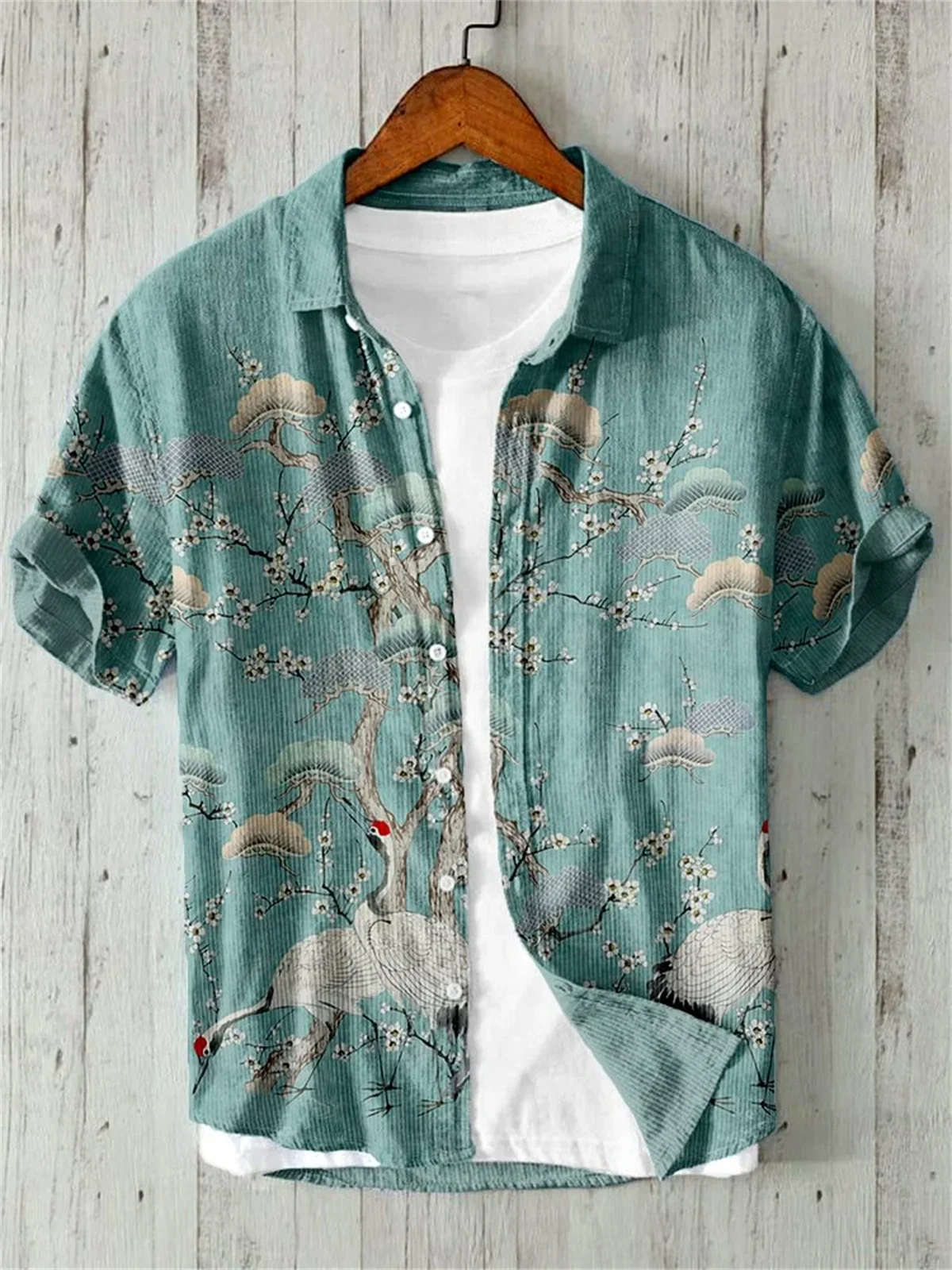 Linnen Katoenen Overhemd Met Print, Revers Met Korte Mouwen, Hawaiiaans Vakantieshirt Met Enkele Rij Knopen, Retro Kunst Met Kersenbloesem