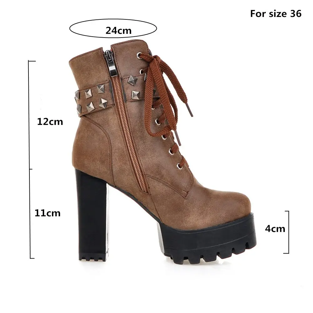 Fashion Women Ankle Boots Platform Punk Heeled Motorcycle Boot Sexy Buckle Rivets Black PU Leather Short Shoes Woman Big Size 48