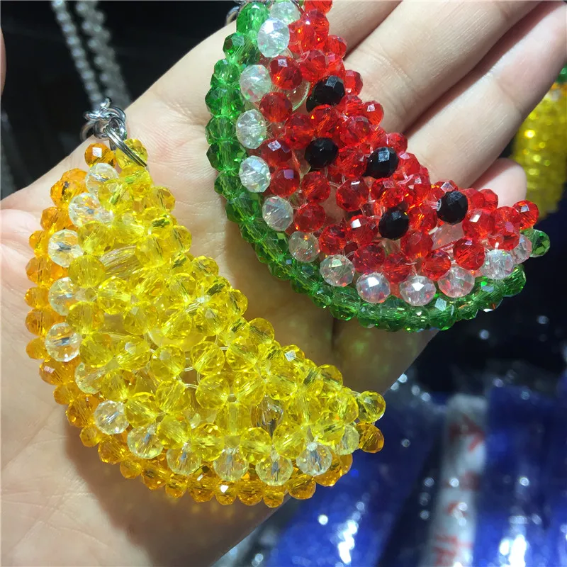 New Hand Knitting Beaded Cute Orange Watermelon Fruit Key Chain Women Girls Crystal Healing Craft Collection 1PCS