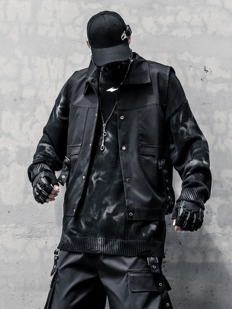 

Авангардный стиль Techwear, уличная одежда, дизайнерский жилет с лацканами, темный десантник с лентой, мужская модная куртка без рукавов