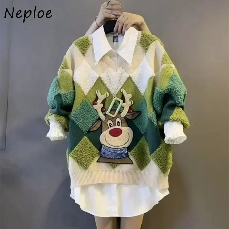 Neploe odzież damska sweter Y2k V Neck Plaid kontrast kolorowy Patchwork Pull Femme jesienno-zimowa bluza z długim rękawem