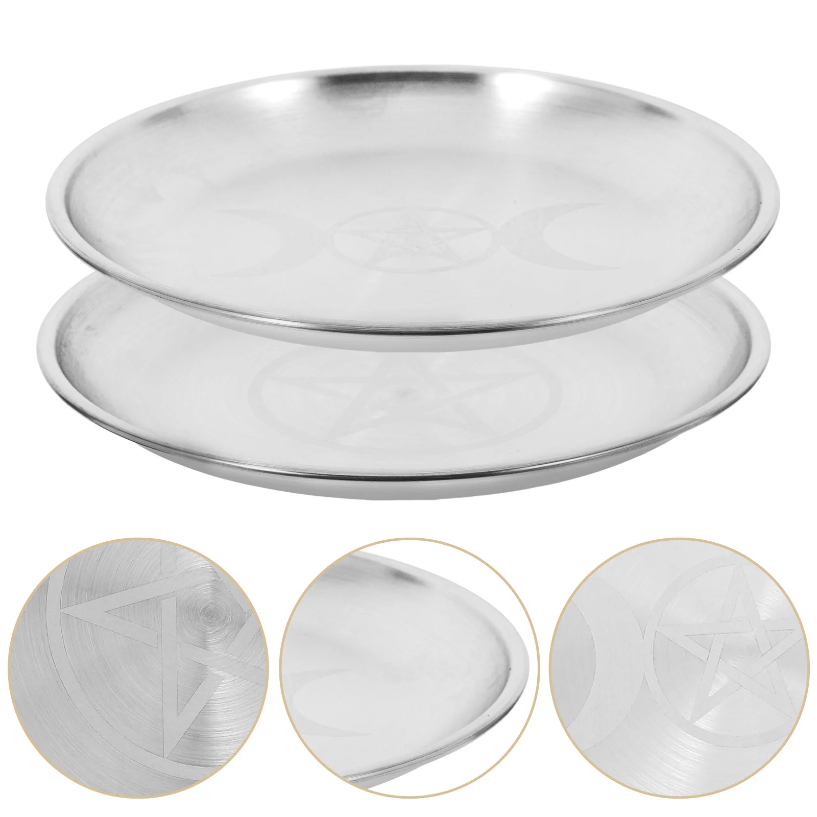

2Pcs Pentagram Metal Jewelry Tray Silver Iron Flat Round Ritual Plate Dish Offering Bowl Prayer Tarot Ring Trinket