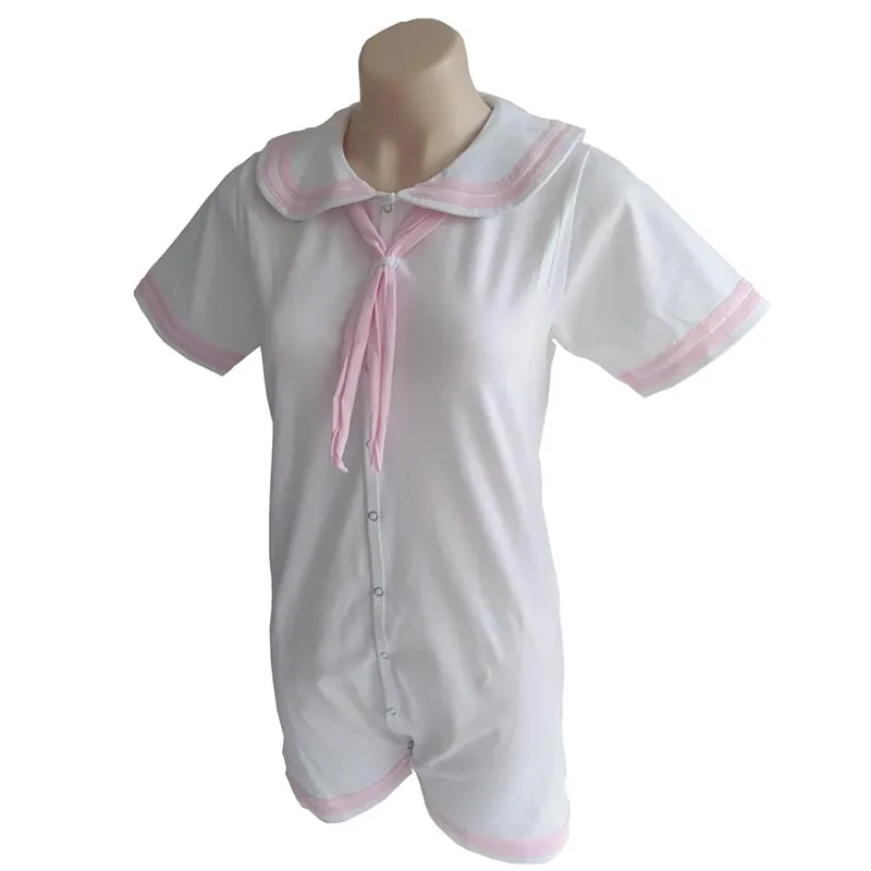 Cute Girl White Pink Sailor Bodysuit Adult Baby Romper With Snaps Soft Comfortable Onesie ABDL Clothes Couple Home Playsuits